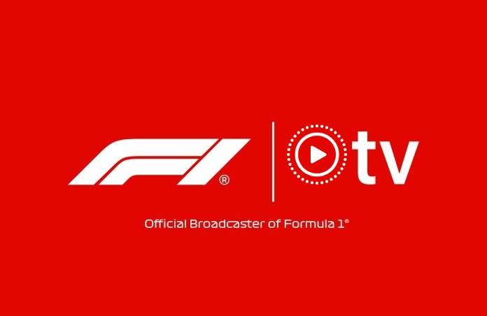 Logo for Formula 1 with a registered trademark symbol side by side with an Pokko TV logo, separated by a vertical line, text reads Official Broadcaster of Formula 1 registered trademark symbol